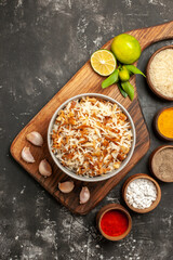 top view cooked rice with seasonings on dark background meal dark dish east