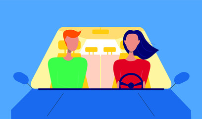 Couple driving car with map, flat design cartoon.