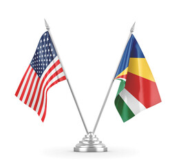 Seychelles and United States table flags isolated on white 3D rendering
