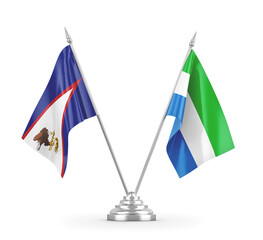 Sierra Leone and American Samoa table flags isolated on white 3D rendering