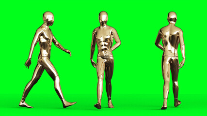 Golden man character animation. Isolate on green screen. 3d rendering.