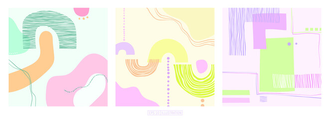 Set of trendy abstract backgrounds.  Minimal hand drawn geometric shapes composition. Pastel colorful pattern. Editable mask. Template for your design works. Vector illustration.