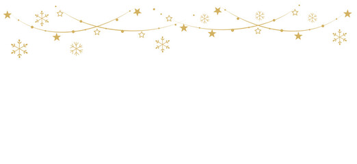 Golden Christmas border with hanging stars and falling snowflakes on white background vector illustration.