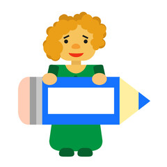 Teacher with blue pencil with frame for text