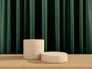 Podium, stand, platform for presentation and advertising of products, brands - illustration, 3D render. Pedestal with plaster on background of silk fabric. Geometric abstract objects on stone table.