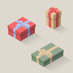 Vector isometric illustrations of gifts. Set of present boxes. Red, green and yellow boxes.