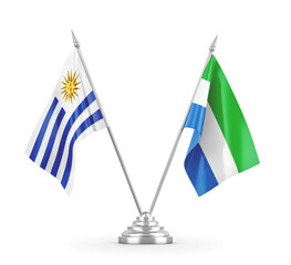 Sierra Leone and Uruguay table flags isolated on white 3D rendering