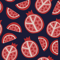 Pomegranate seamless pattern. Exotic tropical red fruit, juicy half garnet on blue background, vector cartoon minimalistic isolated texture, textile, wrapping paper, wallpaper and fabric