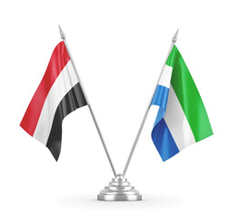 Sierra Leone and Yemen table flags isolated on white 3D rendering