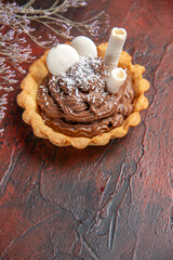 front view delicious creamy cake on dark background biscuits sweet cake dessert