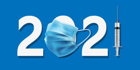 Happy new year 2021 white paper letter with medicine mask and syringe