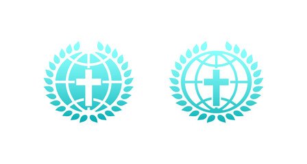 Set of color illustrations of cross, globe, laurel wreath on a white background. Vector illustration for logo, emblem, badge, sticker. Symbols on a religious theme. Christianity.