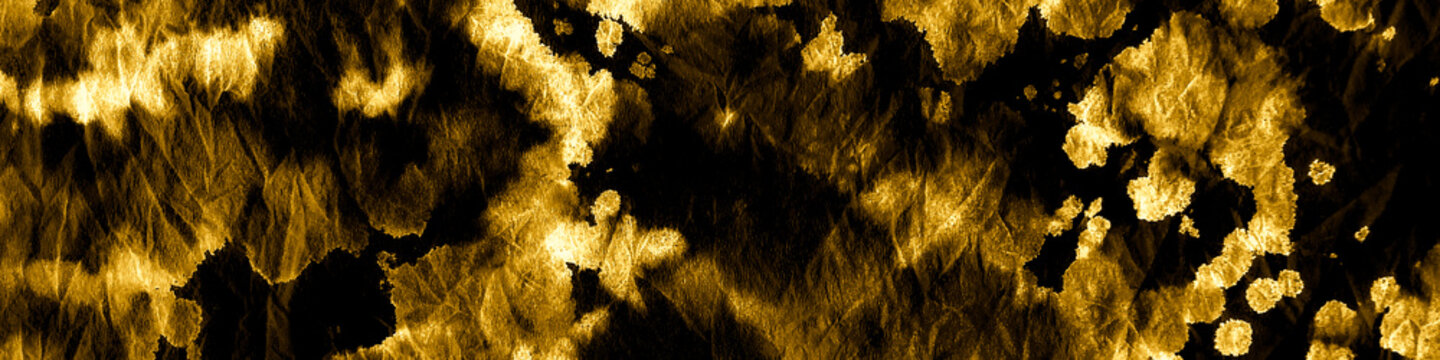 Gold Dirty Modern Artwork. Foil Black Vintage Tie. Golden tie-dye. Tie-dye closeup. 