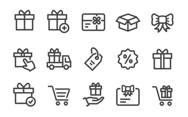 Gift box icon set. Collection of present, package, discount, ribbon and more. Vector illustration.
