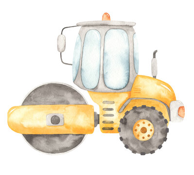 recommend clip art: Watercolor construction machines. Road roller