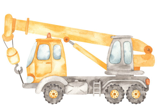 Watercolor construction machines. Truck crane.