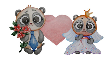 Couple of pandas in love. The groom in a tie and with a bouquet of red flowers and the bride in a wedding dress, in a veil and crown on the background of a large heart. Watercolor. Hand drawing