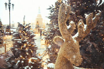 Christmas decoration in Moscow, Christmas trees on the street, snowy December, season new year
