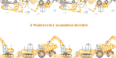 Watercolor seamless border with construction vehicles, dump truck, excavator, truck crane, bulldozer