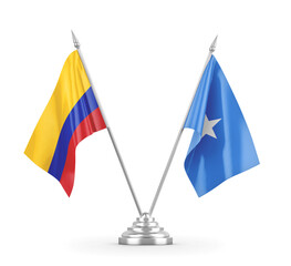 Somalia and Colombia table flags isolated on white 3D rendering