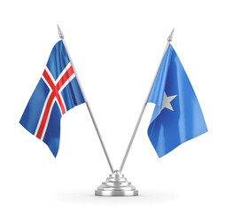 Somalia and Iceland table flags isolated on white 3D rendering