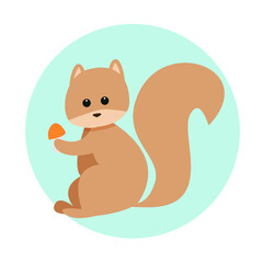 Obraz na płótnie Canvas Cartoon squirrel with mushroom in its paws on isolated background, cute vector illustration in flat style and pastel colors for childish design