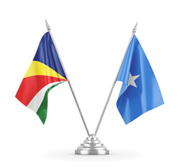 Somalia and Seychelles table flags isolated on white 3D rendering