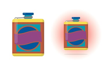 Flask made of stainless steel lined with patterned leather. Dishes for travel and alcohol. Vector illustration in a flat style.