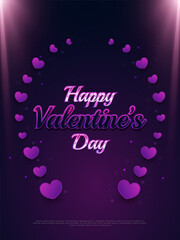Happy Valentine's Day greeting card or poster with circular hearts and glowing light on a dark background. Holiday gift card. Romantic background with 3d decorative objects. Vector illustration