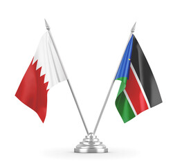 South Sudan and Bahrain table flags isolated on white 3D rendering 