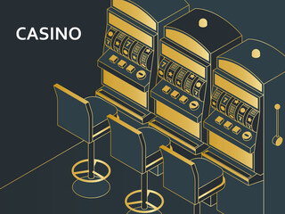 Casino slot machine in isometric flat style. One arm gambling device