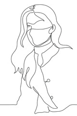 Portrait of a seated woman in a mask with long hair. one line drawing of a beautiful woman in a coat looking to the side on her face protective mask