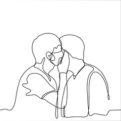two men in masks stand close to each other, one whispers something to the other in his ear, covering his mouth with his palm. one line drawing of gossip, telling secret, sharing an intimate secret