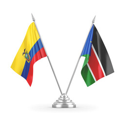 South Sudan and Ecuador table flags isolated on white 3D rendering