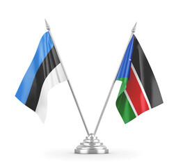 South Sudan and Estonia table flags isolated on white 3D rendering