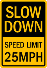 Slow down speed limit 25 MPH sign. Traffic signs and symbols.