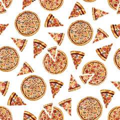 pattern of pizza. A whole pizza is circular and triangular pieces with mushrooms, tomatoes. Kitchen. Bitmap illustration isolated on a white background