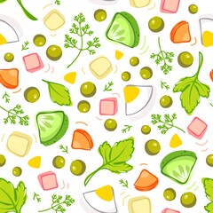 seamless pattern of ingredients of salad olivier, scattered vegetables on a white background, pattern for fabric, wallpaper and paper