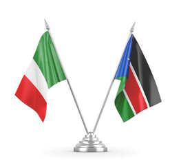 South Sudan and Italy table flags isolated on white 3D rendering