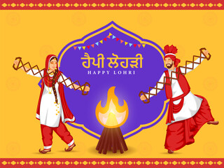 Character Of Punjabi Couple Playing Sapp Instruments With Bonfire On Yellow And Violet Background For Happy Lohri Celebration.