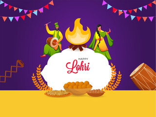 Cartoon Punjabi Couple Doing Bhangra Dance With Music Instruments, Peanut, Sweet (Laddu) Bowls On Yellow And Purple Background For Happy Lohri.