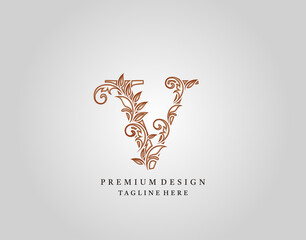 Calligraphic V Letter logo design, elegant floral ornate alphabet design vector.