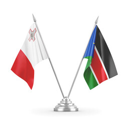 South Sudan and Malta table flags isolated on white 3D rendering