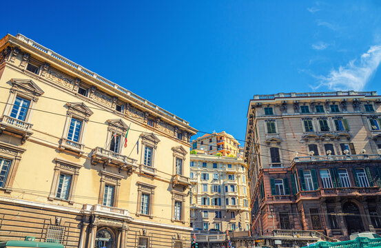 Institute Vittorio Emanuele II - Ruffini and Ministero Della Difesa-Comando buildings in historical centre of old european city Genoa (Genova) with blue clear sky background, Liguria, Italy