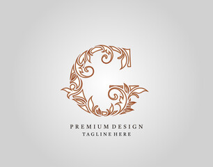 Calligraphic G Letter logo design, elegant floral ornate alphabet design vector.