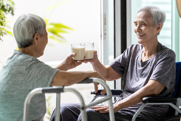 Fototapeta premium Healthy asian senior women drinking warm fresh milk,old elderly holding glasses of milk,beverage or dietary supplement,raising glasses,clinking glasses before drinking,concept of food,nutrition,diet