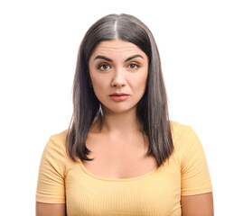 Woman with graying hair on white background