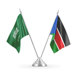 South Sudan and Saudi Arabia table flags isolated on white 3D rendering