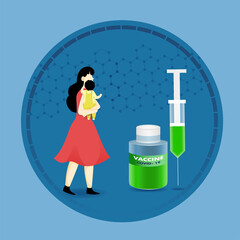 Cartoon Woman Holding Her Child With Covid-19 Vaccine Bottle And Syringe On Blue Hexagon Pattern Background.