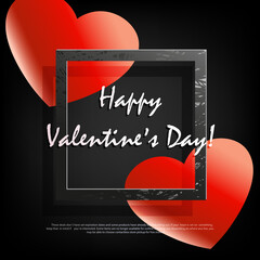 Black composition, textured square frame of gray shade, red hearts with a gradient